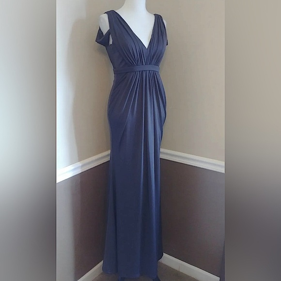 Charcoal Gray V-Neck Off-Shoulder Formal Maxi Dress Gown by Bariano Australia - Picture 1 of 13